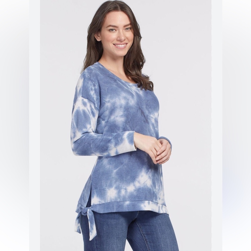 Tribal Tie-Hem Blue Tie-Dye Long Sleeve Waffle Top Size L